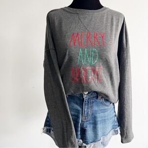 Rae Dunn Merry & Bright Long Sleeve Crew Neck T-shirt in Gray
